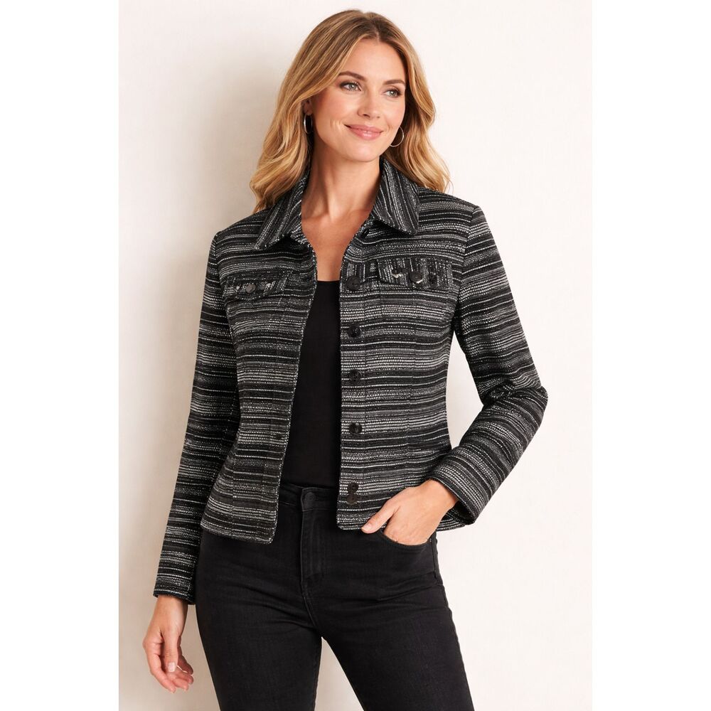 Chico’s Women’s Sz 1 Medium Black Tweed Jacquard Jacket Button Front Embellished